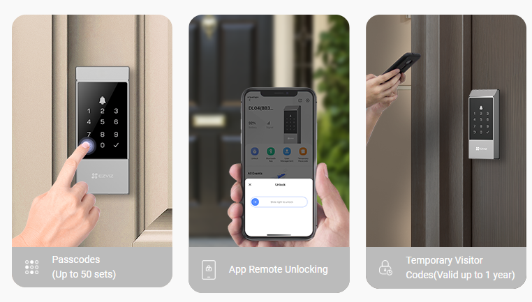 EZVIZ DL04 smart deadbolt lock with keyless Wi-Fi access, passcode entry, app control, auto-lock, anti-tamper alarm, and Type-C emergency power.