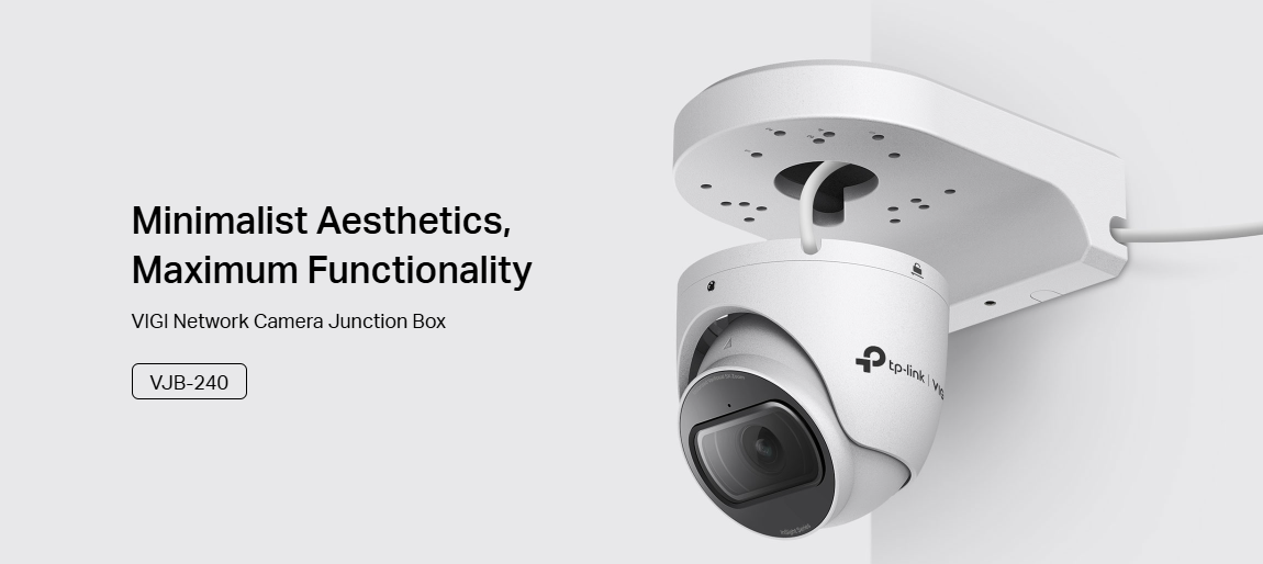 TP-Link VJB-240 VIGI network camera junction box in aluminum for wall mounting dome, turret, and fisheye CCTV cameras.