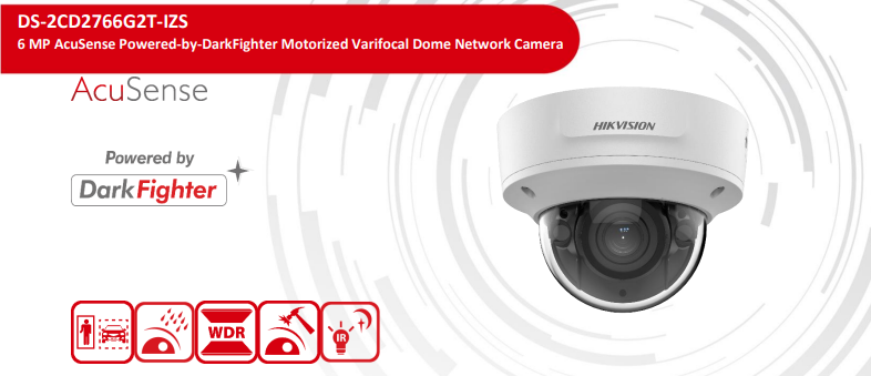 Hikvision DS‑2CD2766G2T‑IZS – 6 MP AcuSense Motorized Varifocal Dome Network Camera, DarkFighter, IP67/IK10, Human & Vehicle Classification - CCTV Importers