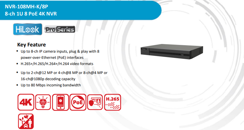 HiLook NVR‑108MH‑K/8P 8‑Channel 1U 4K PoE NVR with Smart AI Analytics & 8‑Port PoE Switch – Perfect for SMB Video Surveillance