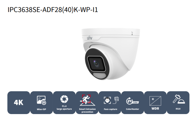 Uniview IPC3638SE-ADF28K-WP-I1 8MP OwlView Plus ColorHunter CCTV camera with warm light and 2.8mm lens, fixed turret design.