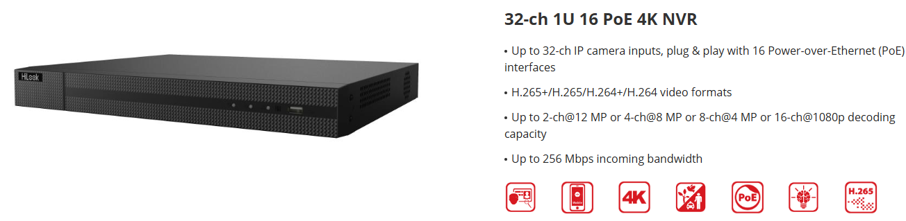 HiLook NVR-232MH-K/16P 32-Channel 4K NVR with 16 PoE Ports, 2 HDD Bays & AI Analytics