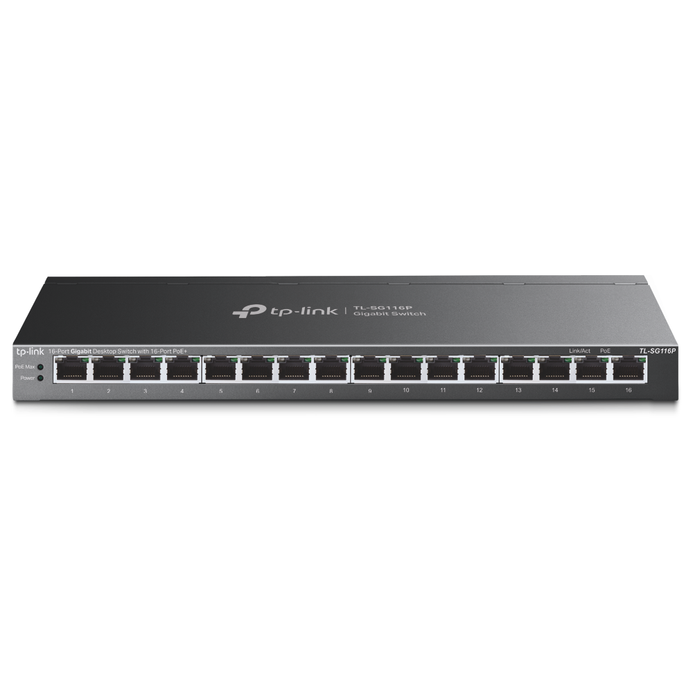TP-Link TL-SG116P 16-Port Gigabit Desktop Switch with 16 PoE+ Ports, 120W Budget, Extend Mode, Priority & Isolation Modes – Reliable Power and Data for SMB, Surveillance, and IoT