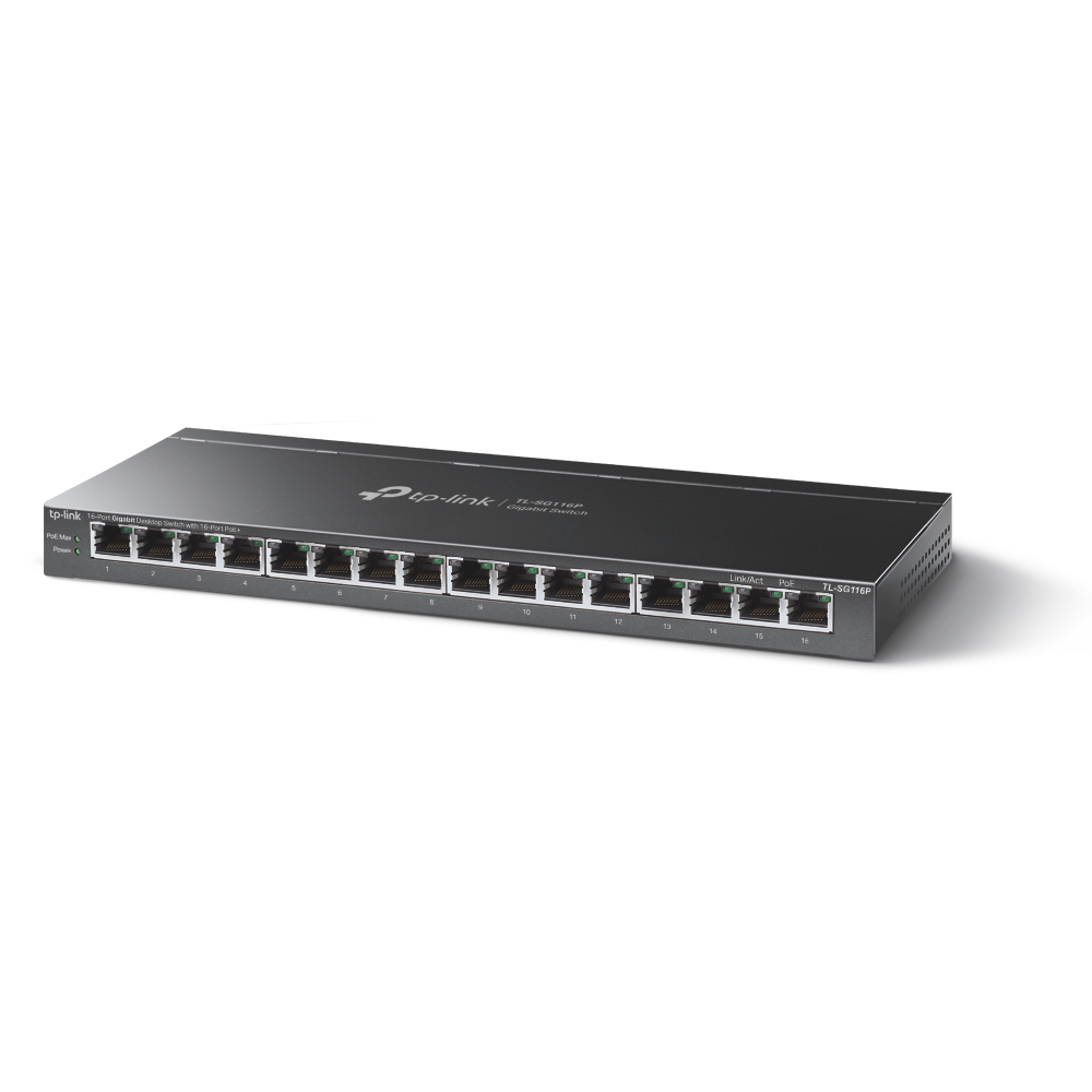 TP-Link TL-SG116P 16-Port Gigabit Desktop Switch with 16 PoE+ Ports, 120W Budget, Extend Mode, Priority & Isolation Modes – Reliable Power and Data for SMB, Surveillance, and IoT