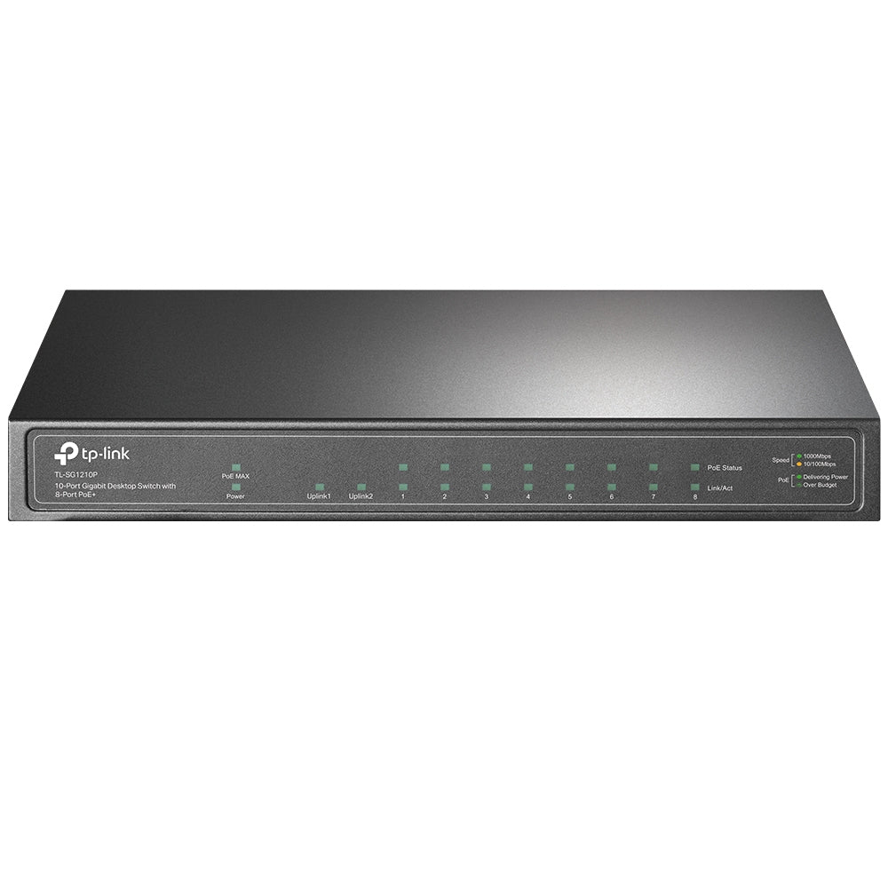 TP-Link TL-SG1210P 10-Port Gigabit Desktop Switch with 8 PoE+ Ports, 63W Budget, Gigabit SFP Slot, Fanless Silent Design – Ideal for SMB Networks, IP Surveillance, and IoT