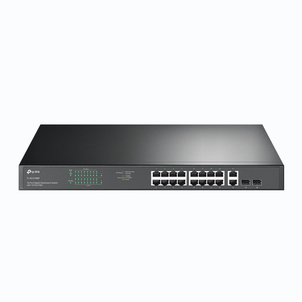 TP-Link TL-SG1218MP 18-Port Gigabit Rackmount Switch with 16 PoE+ Ports, 250W Power Budget, SFP Uplink, IEEE 802.3af/at Support – High-Performance Networking for SMB & Surveillance