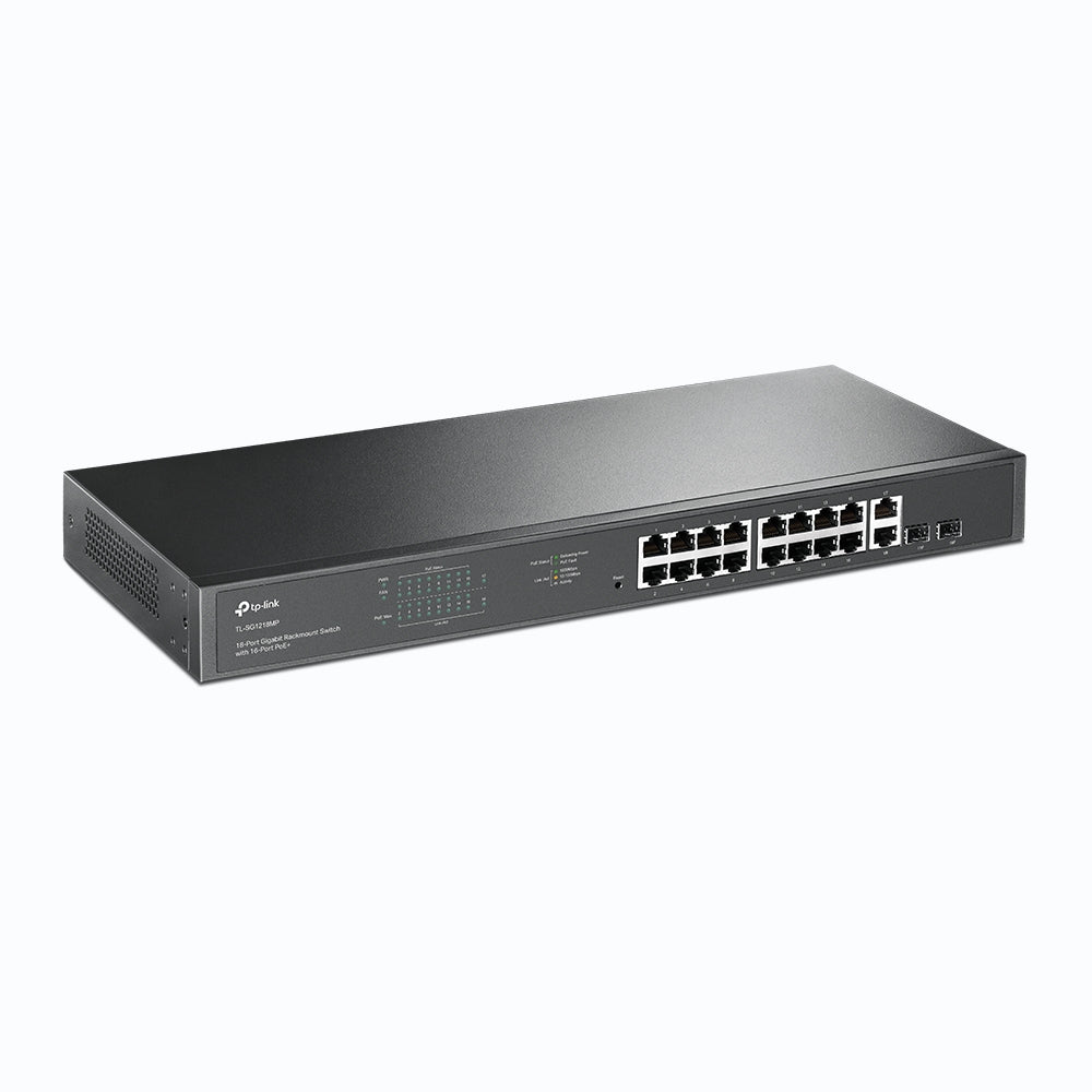 TP-Link TL-SG1218MP 18-Port Gigabit Rackmount Switch with 16 PoE+ Ports, 250W Power Budget, SFP Uplink, IEEE 802.3af/at Support – High-Performance Networking for SMB & Surveillance