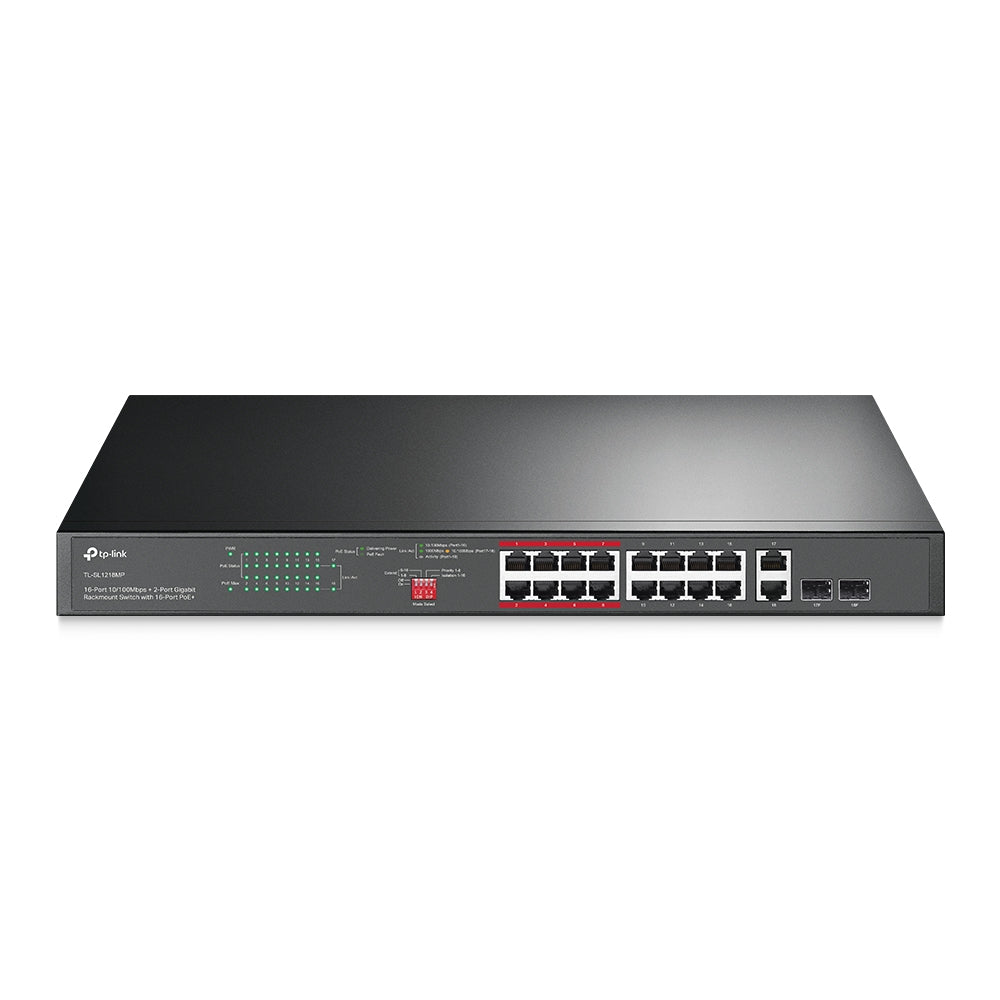 TP-Link TL-SL1218MP 16-Port 10/100 Mbps + 2-Port Gigabit PoE+ Rackmount Switch | High Power Budget, Long-Range PoE, Plug-and-Play Simplicity