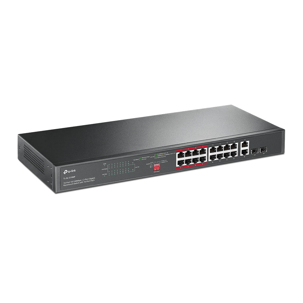 TP-Link TL-SL1218MP 16-Port 10/100 Mbps + 2-Port Gigabit PoE+ Rackmount Switch | High Power Budget, Long-Range PoE, Plug-and-Play Simplicity