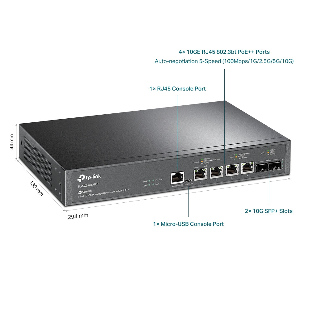 TP-Link TL-SX3206HPP — JetStream 6-Port 10GE L2+ Managed Switch with 4× PoE++ 10G Ports