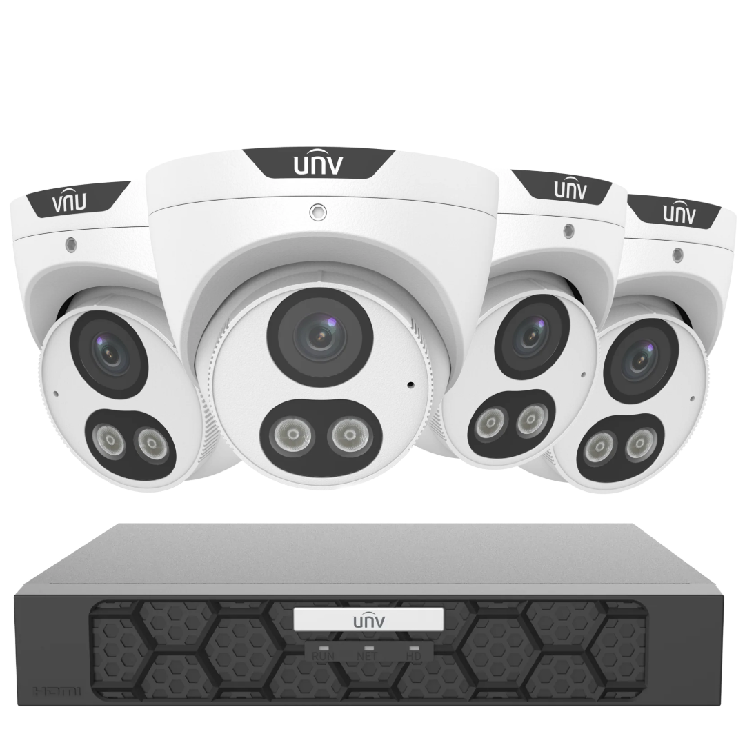 Uniview 6MP Smart Dual Light PoE CCTV security camera kit with four cameras and NVR for home or business security.