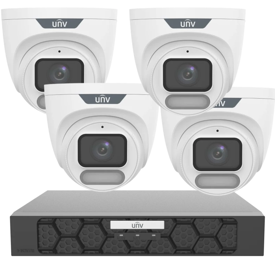 Uniview OWLVIEW 6MP Turret CCTV Kit w/ 4× IPC3626LE‑ADF28K‑WP + 4‑Ch PoE NVR501‑04B‑P4‑IQ + HDD