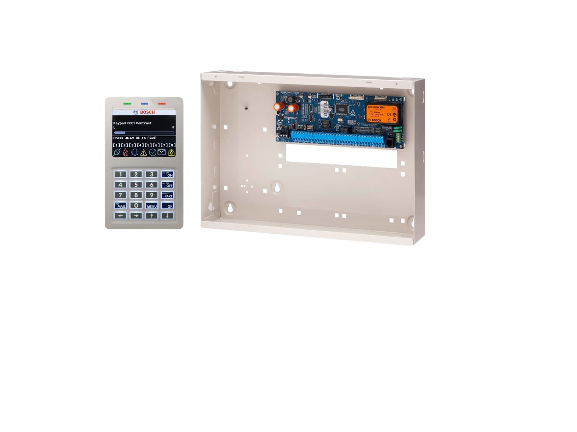BOSCH, Solution 6000, Alarm kit, + CC610PB panel, CP736B WiFi Prox LCD keypad & metal cabinet