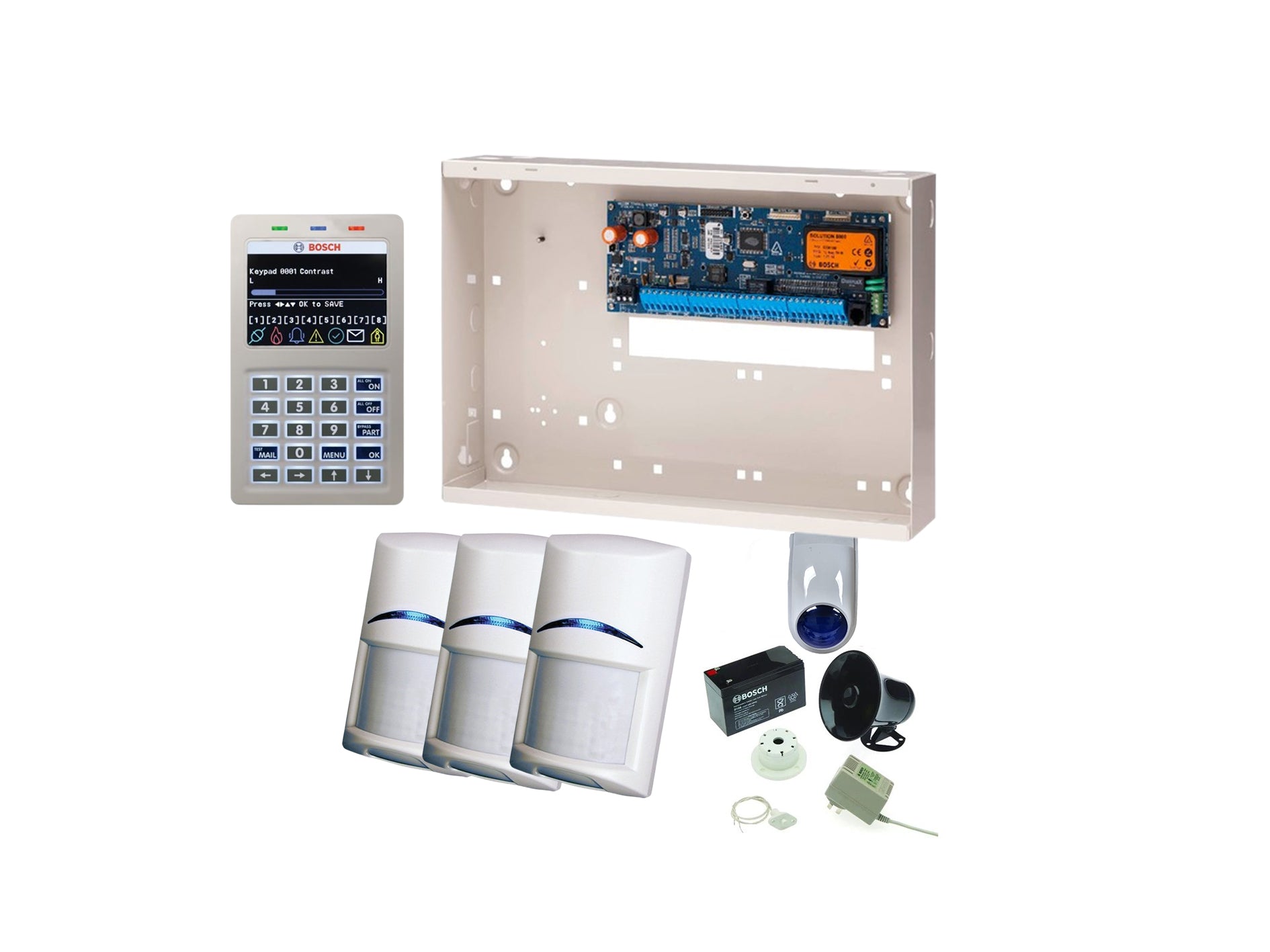 BOSCH, Solution 6000, Alarm kit, + CC610PB panel, CP736B Smart Prox LCD keypad, 3x standard PIR detectors + Accessories Included