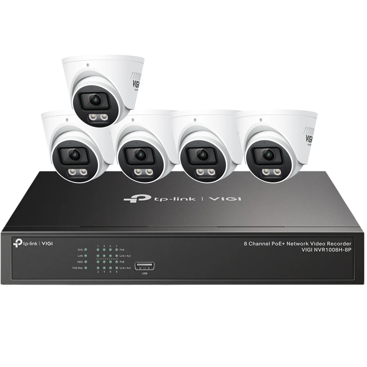 TP-Link VIGI InSight S445S 4MP ColourPro turret camera with 2.8mm lens and VIGI PoE network video recorder for surveillance.