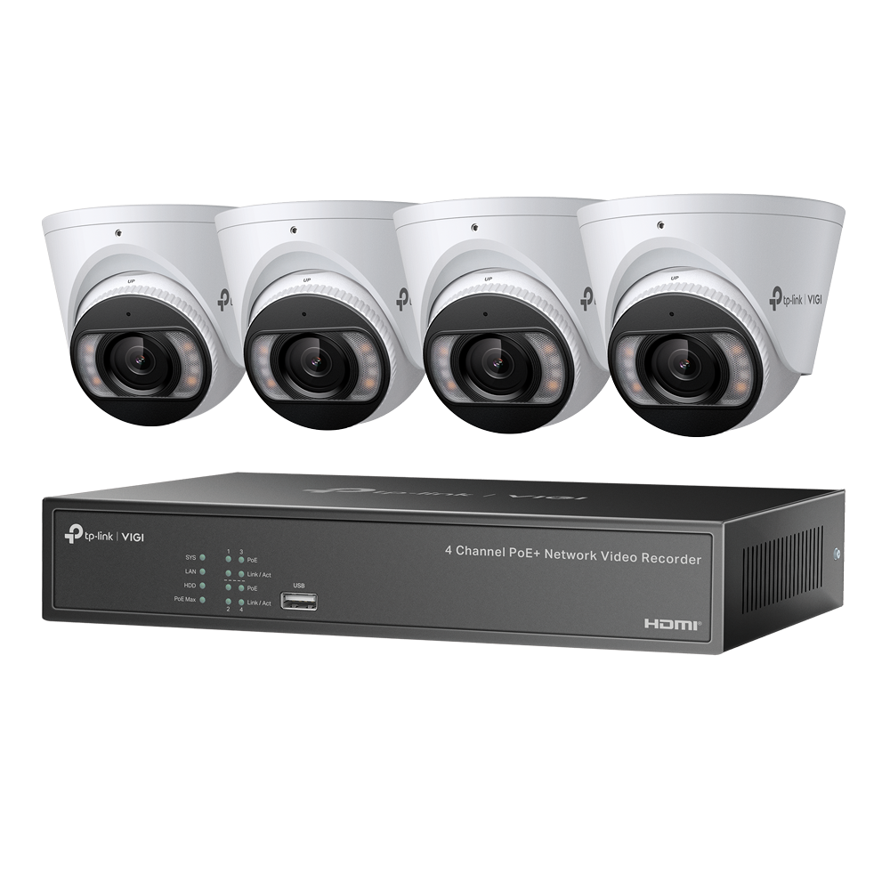 TP‑Link VIGI NK4P‑T4425‑2T 4 MP Full‑Color Turret IP Camera & 4‑Channel PoE+ NVR Camera Kit – Plug‑and‑Play, 2 TB HDD, Human/Vehicle AI, IP67, 30 m IR & White Light