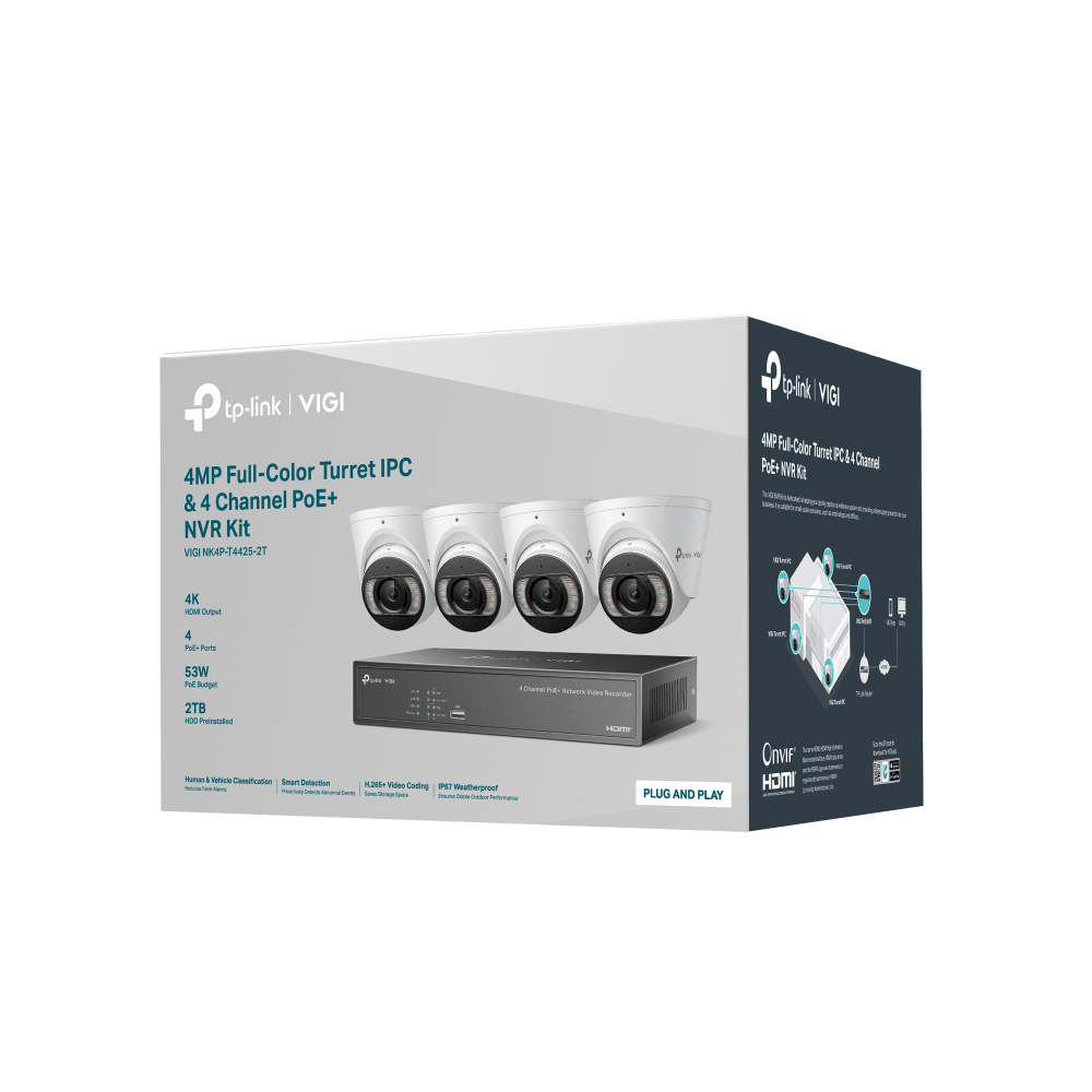 TP‑Link VIGI NK4P‑T4425‑2T 4 MP Full‑Color Turret IP Camera & 4‑Channel PoE+ NVR Camera Kit – Plug‑and‑Play, 2 TB HDD, Human/Vehicle AI, IP67, 30 m IR & White Light