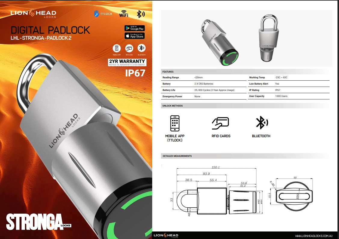 LIONHEAD STRONGA Digital Padlock – IP66 Weatherproof Smart Lock with TTLock App Control | Model: LHL-STRONGA-PADLOCK2