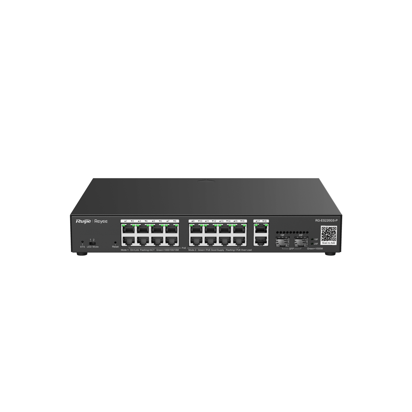 RG-ES220GS-P 20-Port Gigabit Smart Cloud Managed PoE Switch – 16 PoE+ Ports, 2 RJ45 Uplinks, 2 SFP Ports, Fan-Controlled