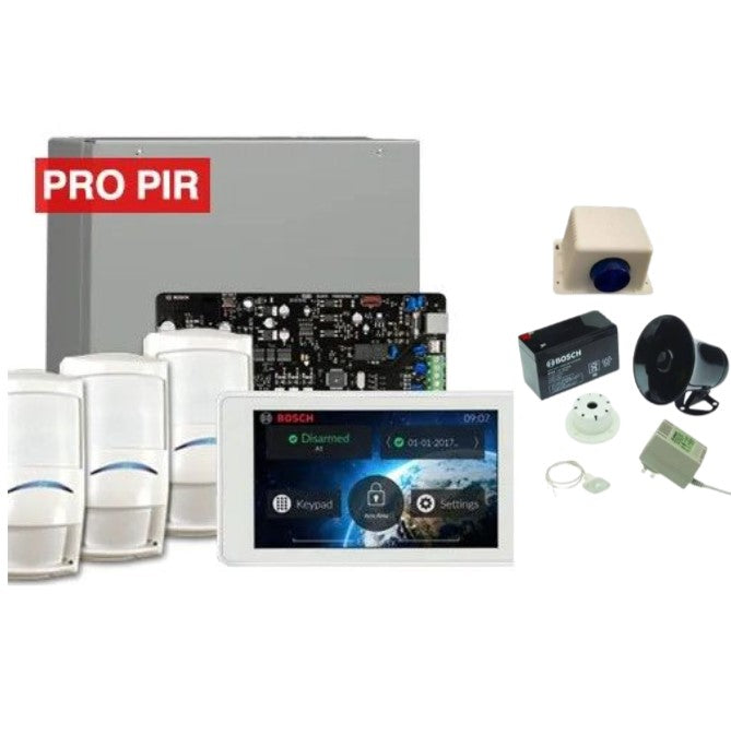 BOSCH Solution 3000 Alarm kit Includes ICP-SOL3-P panel, IUI-SOL-TS5 5" Touch screen, 3x ISC-PPR1-W16 PIR detectors + siren kit