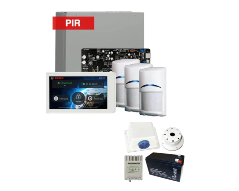 Bosch Solution 4000 Alarm Kit with ICP-SOL4-P Panel, IUI-SOL-TS5 Touchscreen Keypad, 3x ISC-BPR2-W12 PIR Detectors & Siren Kit – K4000-3PIR-TS