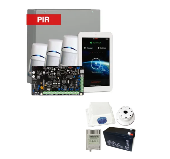 Bosch Solution 4000 Alarm Kit with ICP-SOL4-P Panel, IUI-SOL-TS7 7" Touchscreen Keypad, 3x ISC-BPR2-W12 PIR Detectors & Siren Kit – K4000-3PIR-TS7