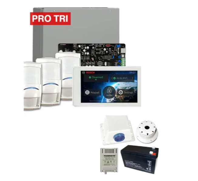 Bosch Solution 4000 Alarm Kit with ICP-SOL4-P Panel, IUI-SOL-TS5 5" Touchscreen Keypad, 3x ISC-PDL1-W18G Tri-Tech Detectors & Siren Kit – K4000-3PROTRI-TS5