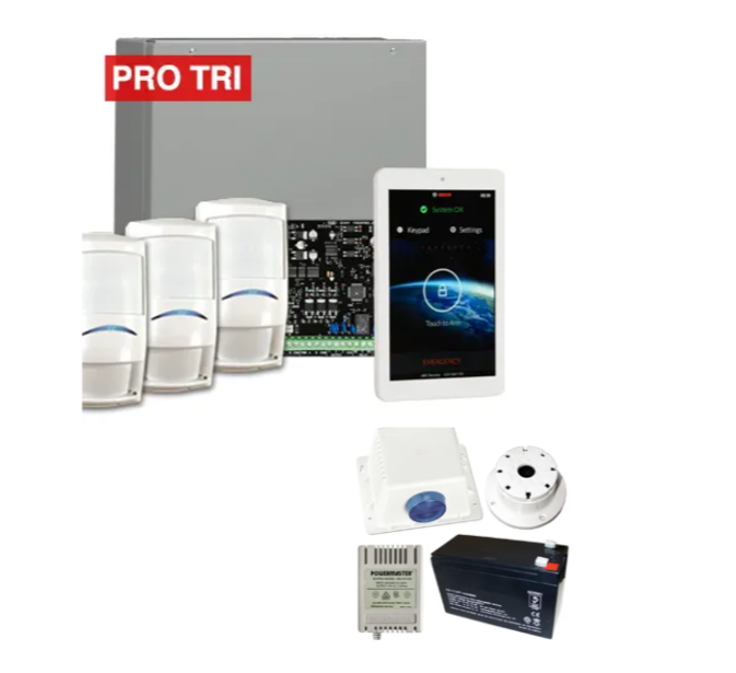 Bosch Solution 4000 Alarm Kit with ICP-SOL4-P Panel, IUI-SOL-TS7 7" Touchscreen Keypad, 3x ISC-PDL1-W18G Tri-Tech Detectors & Siren Kit – K4000-3PROTRI-TS7