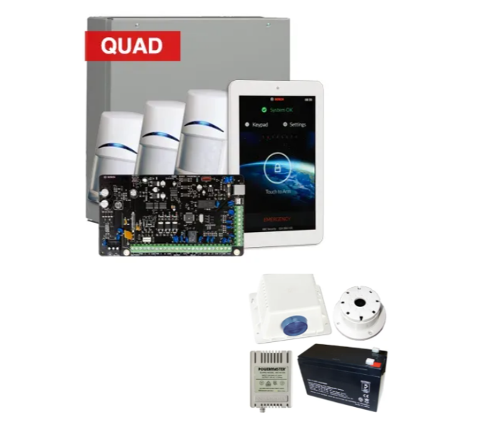 Bosch Solution 4000 Alarm Kit with ICP-SOL4-P Panel, IUI-SOL-TS7 7" Touchscreen Keypad, 3x ISC-BPQ2-W12 Quad Detectors & Siren Kit – K4000-3QUAD-TS7