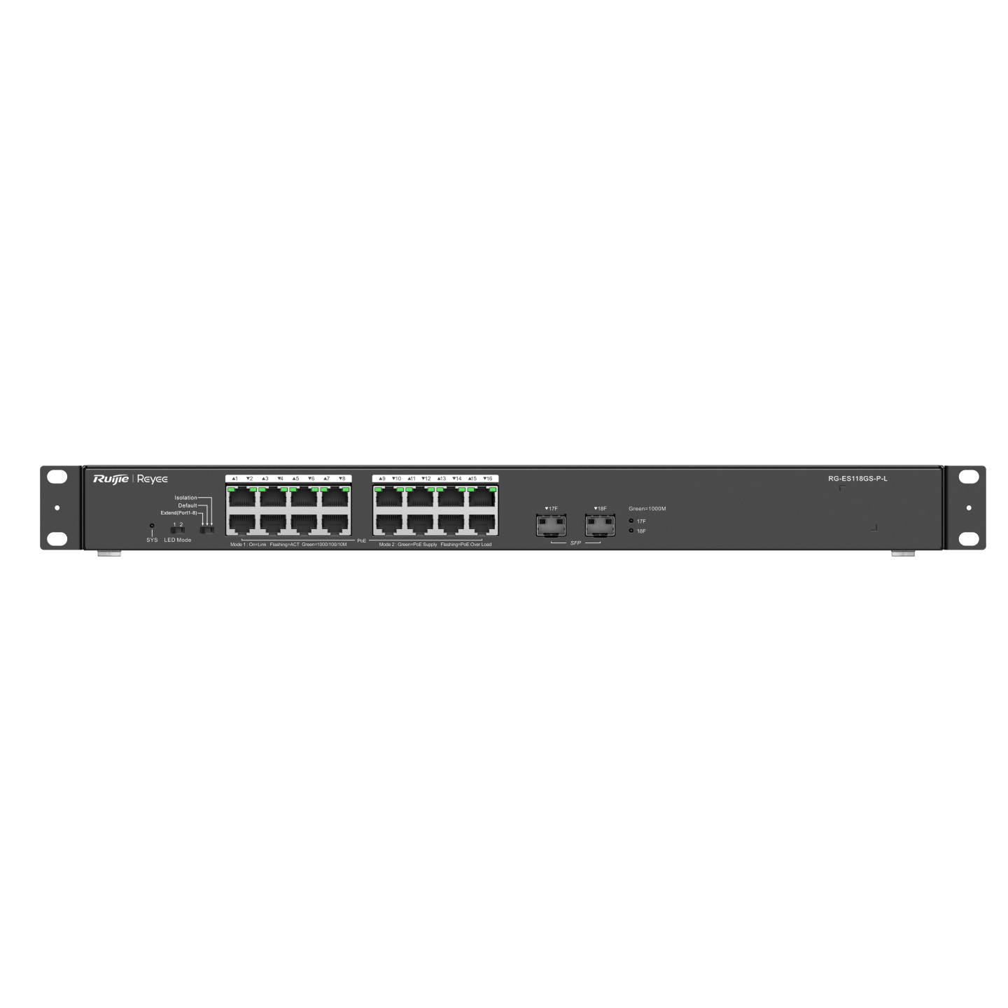 Ruijie Reyee RG-ES118GS-P-L 18-Port Gigabit Unmanaged PoE Switch | 16 PoE+ Ports | 2 SFP Uplinks | 247W PoE Budget | CCTV & Business Network Switch
