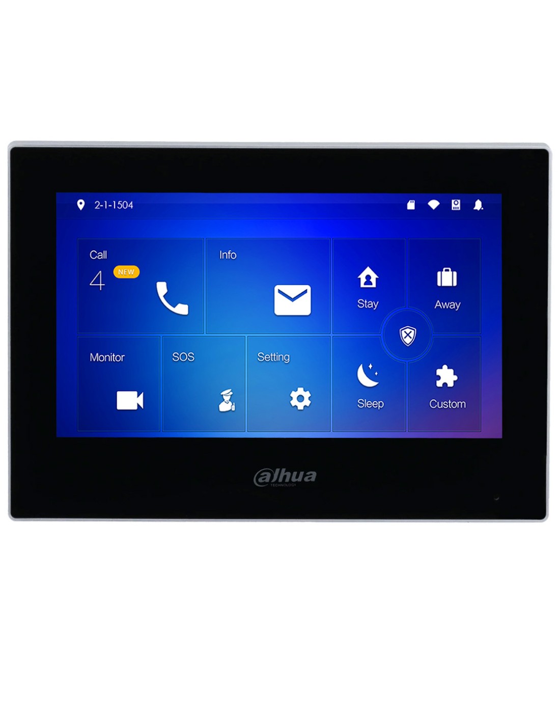 Dahua DHI-VTH2621G-P black 7-inch indoor IP monitor with touchscreen, two-way audio, alarm inputs, for video intercom system.