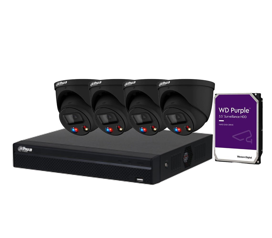 Dahua Active Deterrence TIOC AI 4 Cameras (Black)(IPC-HDW3849H-AS-PV-ANZ-BLK) with 4CH AI WizSense NVR System (8MP Camera)
