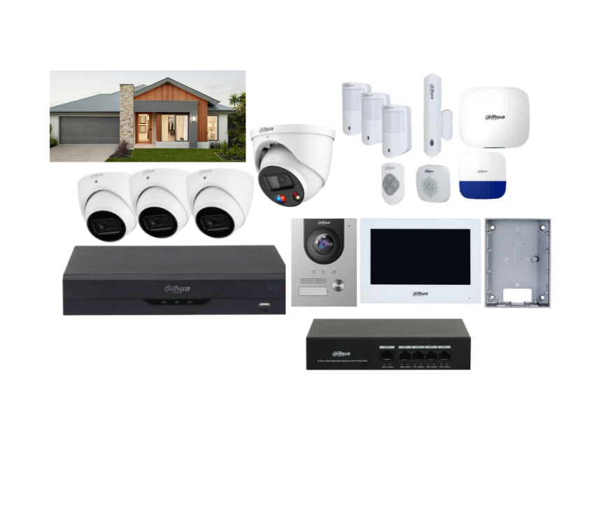 Dahua 6MP CCTV & Wireless Alarm Complete Home Security Kit – 4 Camera AI NVR System + Intercom & Siren Set for single storey house