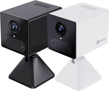 EZVIZ CB2 4G 2K Type-C smart home battery camera showing camera lens, solar panel, and mounting bracket in a home setting.