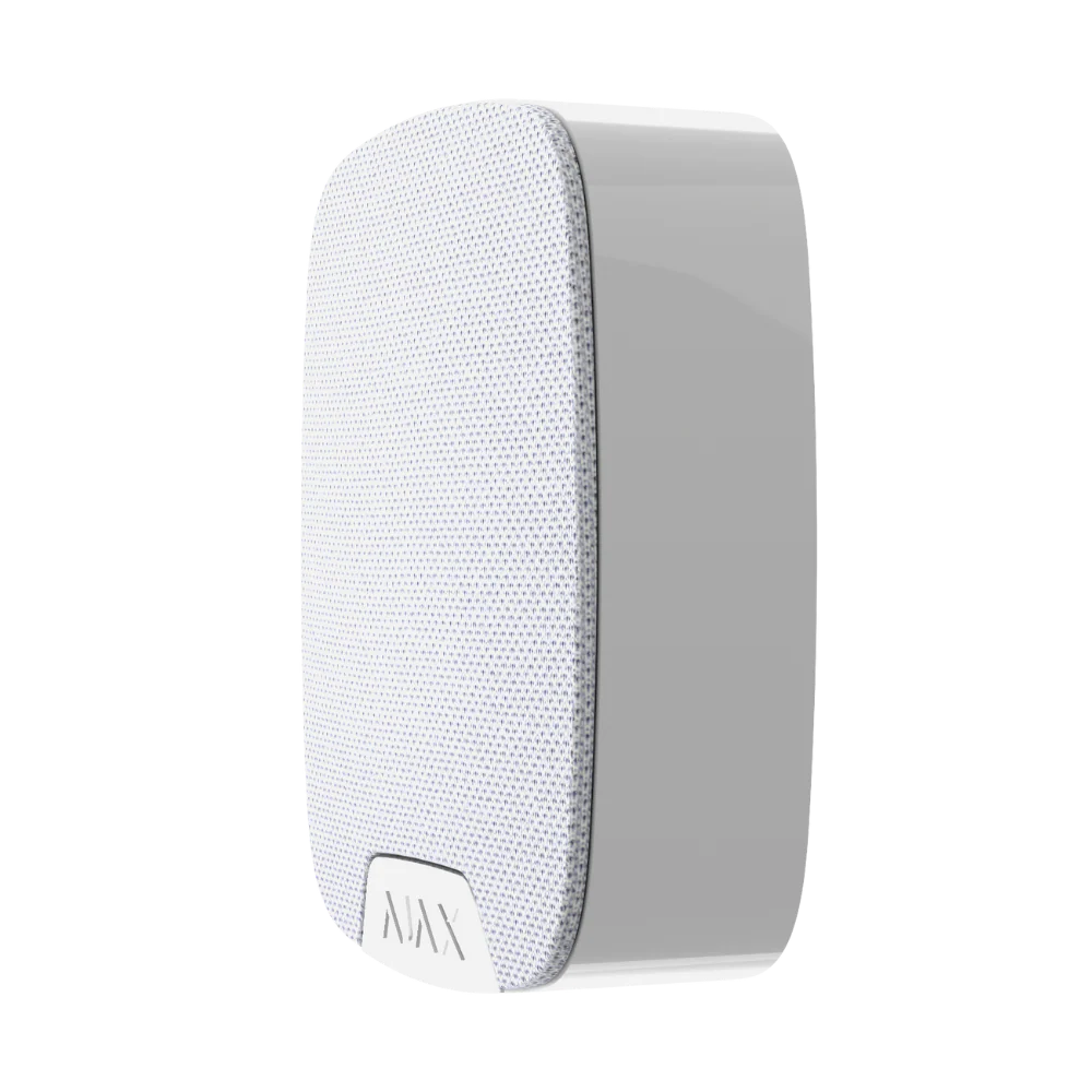 Ajax HomeSiren Jeweller wireless indoor security alarm in white with 100 dB siren and 2000 m range, alarm parts image.