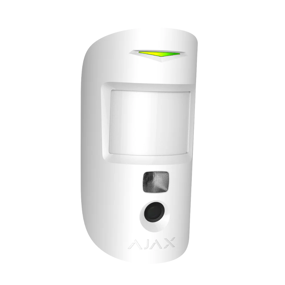 AJAX MotionCam Jeweller Wireless PIR motion detector in white and black for alarm security, shown in close-up image.