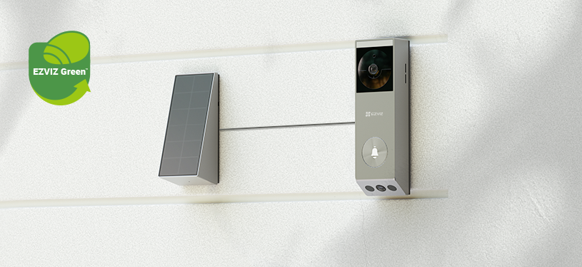 EZVIZ EP3x Pro battery-powered video doorbell with dual 2K cameras and smart detection features, mounted near a front door.