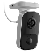 AJAX IndoorCam Wi-Fi security camera with AI detection in white and black, showing a sleek, compact design for home security.