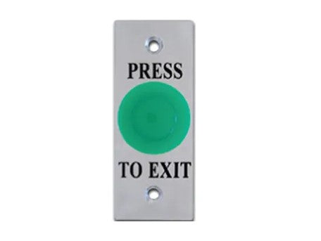 Exit switch, Switch plate, Wall, Labelled "Press to Exit", Architrave, Stainless steel, With green mushroom push button, N/O and N/C contacts