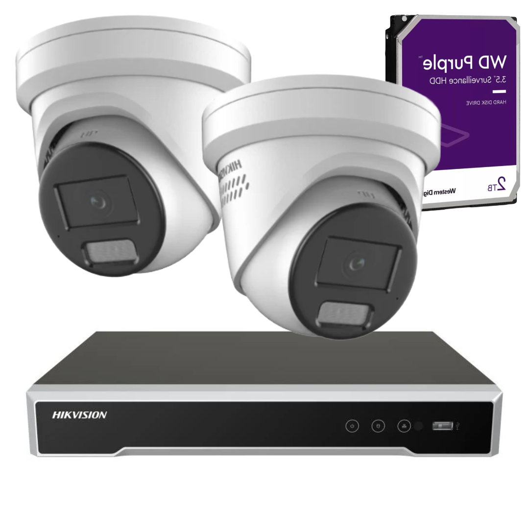 Hikvision 4MP ColorVu AI CCTV Security Kit | 2x DS-2CD2347G2-LSU/SL Turret Cameras | DS-7604NI-M1/4P 4 Channel PoE NVR | 2TB Surveillance HDD