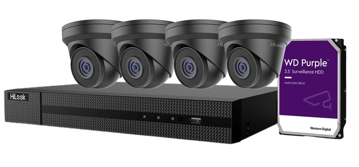 HiLook 4x 4MP ip cameras IPC-T240H-MU (Black) + Hilook 4 Channel PoE NVR 4K + WD HDD Kit