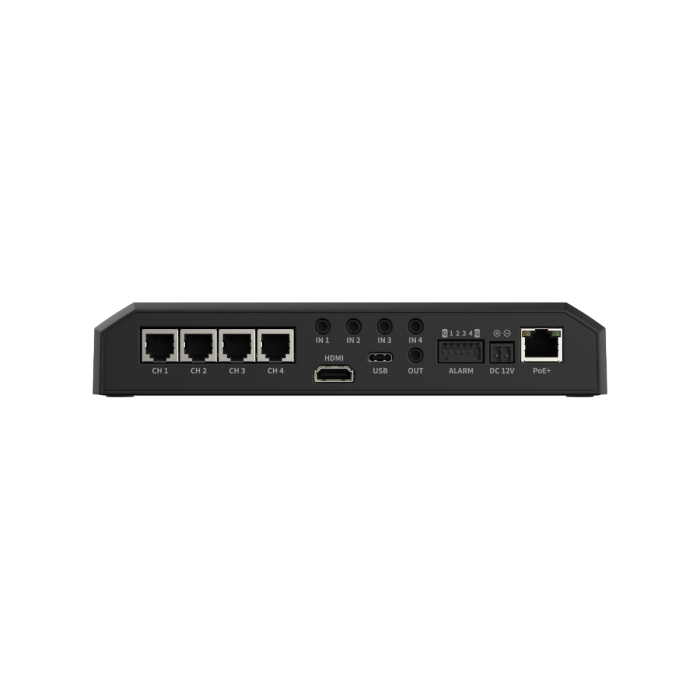 Hanwha Vision PNM-C20000QB NVR with HDMI ports, PoE+, and four audio inputs, designed for 2MP/5MP AI remote-head cameras.