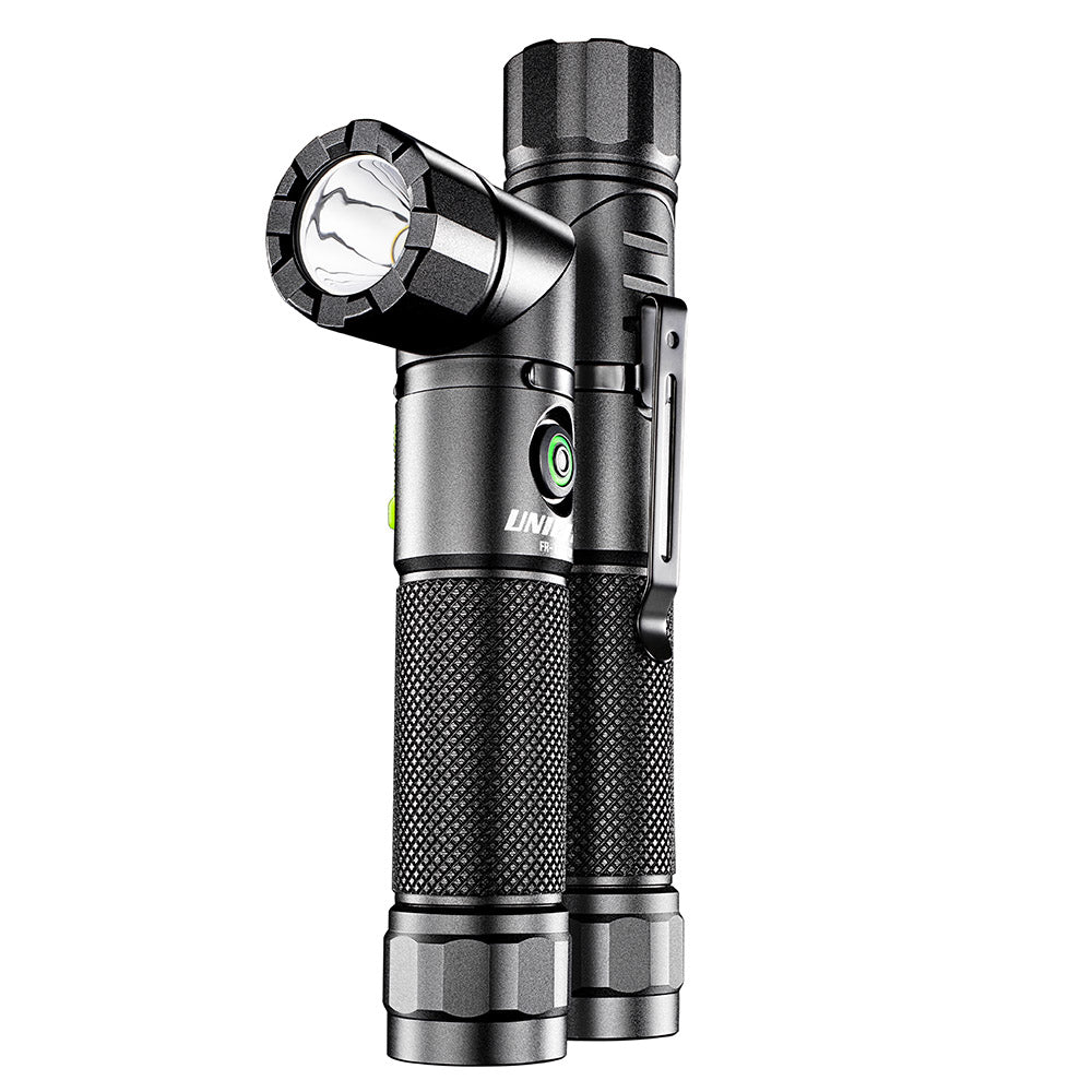 UNILITE FR-1200 Dual Power Right Angle Flashlight – 1200 Lumens, Rotating Head, Magnetic Base, Pocket Clip, IP65, USB-C Rechargeable, Black Aluminium