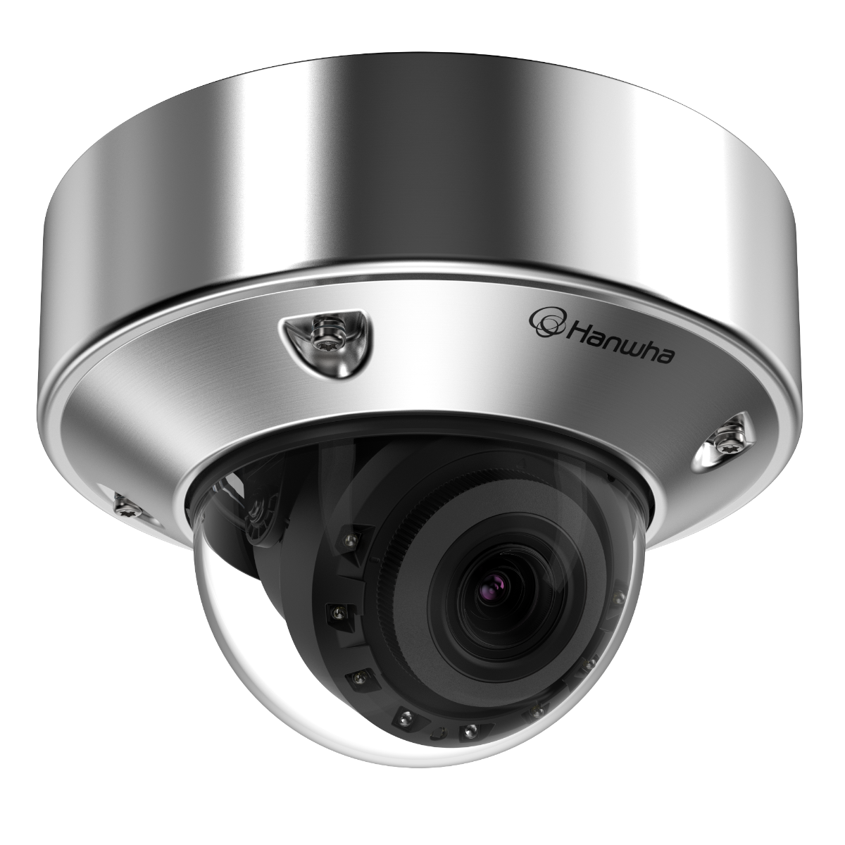 Hanwha Vision HV-XNV-A8084RS 5MP stainless steel AI vandal dome camera with varifocal lens and 50m IR, IP68 rated security CCTV.
