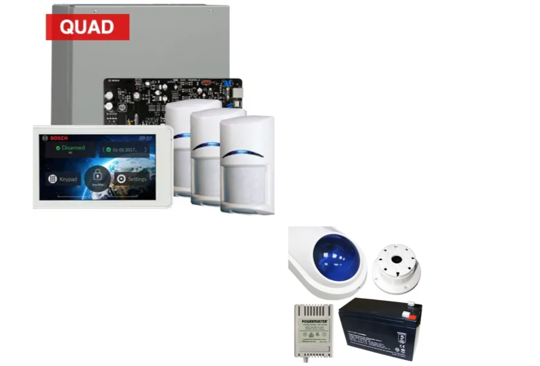 Bosch Solution 4000 Alarm Kit with ICP-SOL4-P Panel, IUI-SOL-TS5 5" Touchscreen Keypad, 3x ISC-BPQ2-W12 Quad Detectors & Siren Kit – K4000-3QUAD-TS5