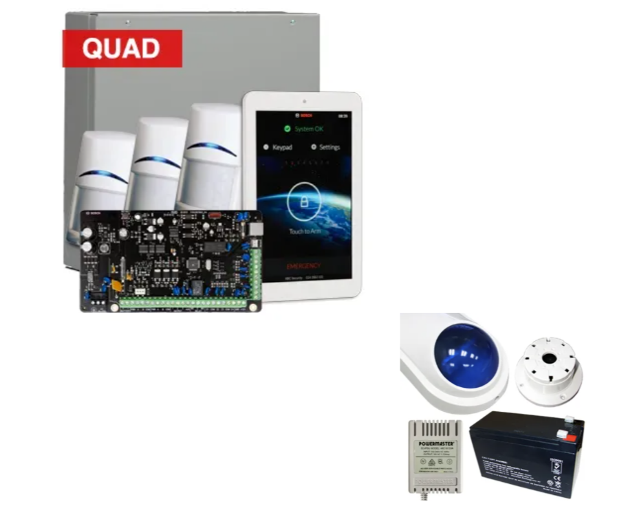 Bosch Solution 4000 Alarm Kit with ICP-SOL4-P Panel, IUI-SOL-TS7 7" Touchscreen Keypad, 3x ISC-BPQ2-W12 Quad Detectors & Siren Kit – K4000-3QUAD-TS7