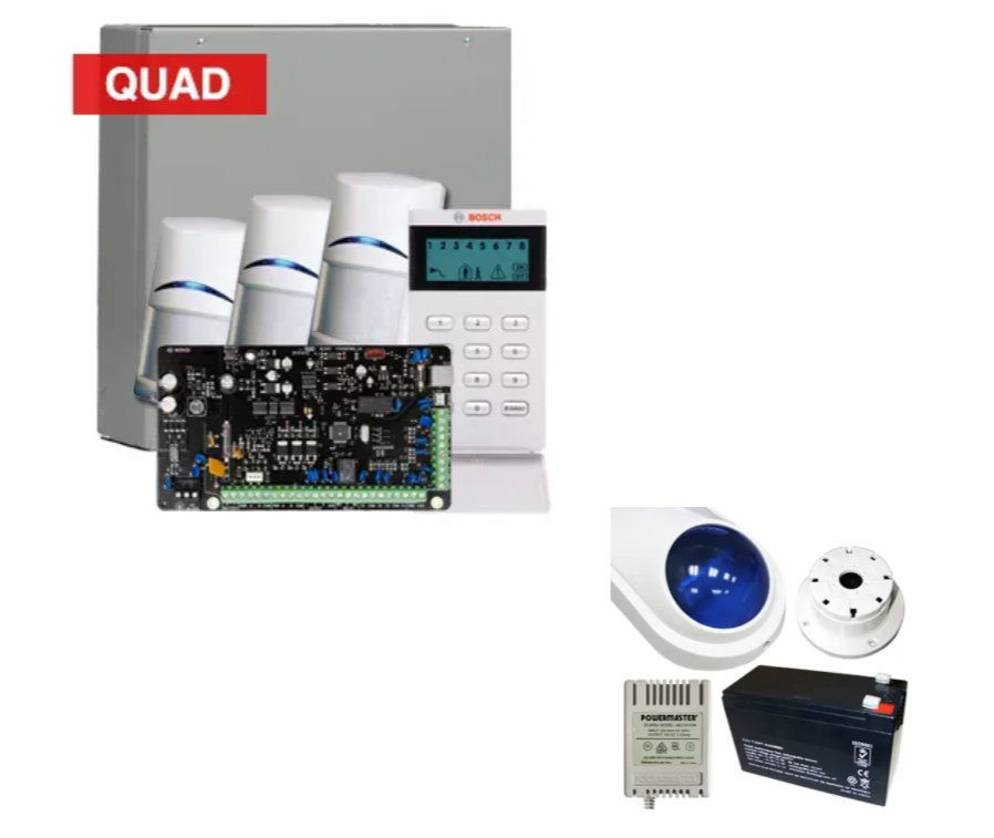 Bosch Solution 4000 Alarm Kit with ICP-SOL4-P Panel, IUI-SOL-ICON LCD Alphanumeric Keypad, 3x ISC-BPQ2-W12 Quad Detectors & Siren Kit – K4000-3QUAD-ICON
