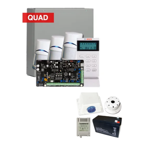 Bosch Solution 4000 Alarm Kit with ICP-SOL4-P Panel, IUI-SOL-ICON LCD Alphanumeric Keypad, 3x ISC-BPQ2-W12 Quad Detectors & Siren Kit – K4000-3QUAD-ICON