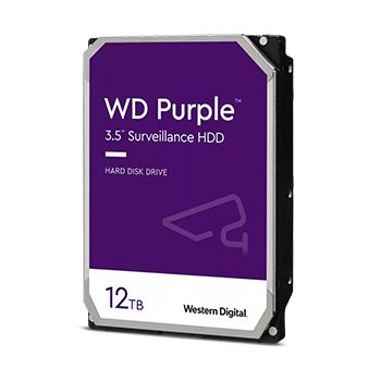 Western Digital 12TB WD Purple surveillance hard drive for 24/7 security systems, featuring durable design and high storage capacity.