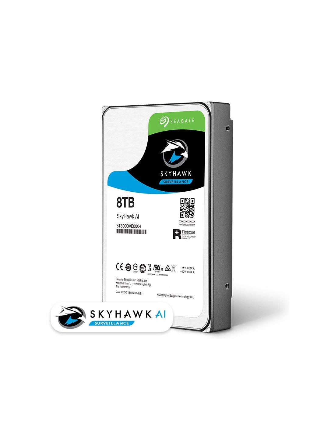 Seagate SkyHawk AI 8TB surveillance 3.5-inch HDD with SATA, 256MB cache, designed for CCTV NVR storage.